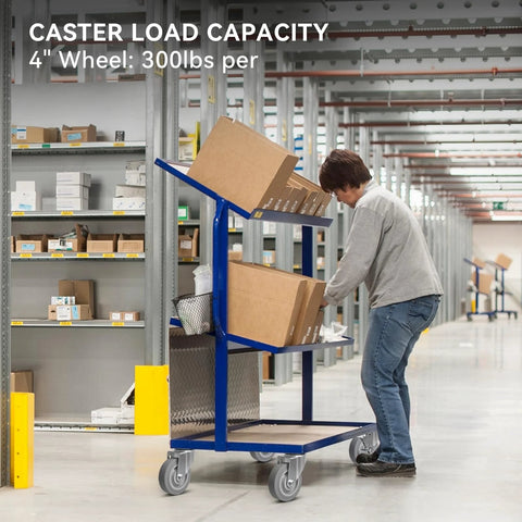 Warehouse worker pushing a blue cart with boxes, fitted with 4 Inch Caster Wheel Set For Cart And Furniture, Three Eighths Inch Bore.