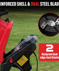 Electric Wood Chipper Shredder With 15 Amp Motor And 4500 RPM Dual Steel Blades on grass, reinforced shell visible