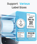 Portable Bluetooth Label Printer With Tape For No Sweat Home Organization Seamless Mobile App Sync Smooth Vanilla Finish showing various label sizes.