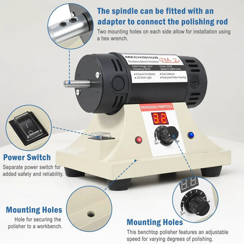 Compact Digital Jewelry Polisher And Bench Buffer With Solid Cast Iron Base For Home Shops And Dental Kits Includes Cotton Cloth Wheels Abrasive Fibers Safety Glasses Plus Paste To Crush Busy Shiny Work Like A True Pro Every Single Time, showing power switch and adjustable speed.