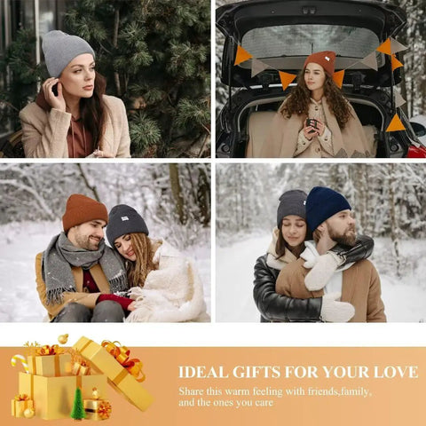 Collage showing people wearing 3 Pack Satin Lined Winter Beanie Hats For Women And Men, Knit Beanies That Stay Warm.
