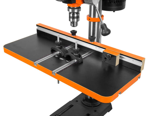 Smooth Rolling Five Speed Benchtop Drill Press Packing A Beefy 2.3 Amp Motor And Sturdy Cast Iron Base showing upgrade table with clamps.