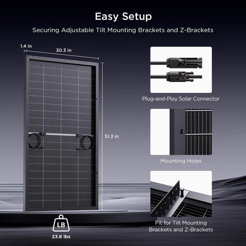 200W N-Type Bifacial Solar Panel 16BB High Efficiency with dimensions and plug connectors shown, 12V Off-Grid Ready setup