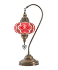 Swan Neck Mosaic Turkish Table Lamp With Handcrafted Glass Bead Mosaic, vintage bohemian Tiffany style, red and white mosaic globe.