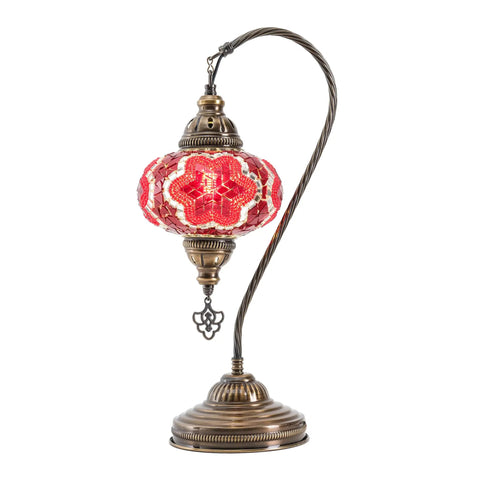 Swan Neck Mosaic Turkish Table Lamp With Handcrafted Glass Bead Mosaic, vintage bohemian Tiffany style, red and white mosaic globe.