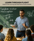 Teacher showcasing Rugged Military Transport RC Helicopter With Altitude Hold And One Key Takeoff Landing to students in class.