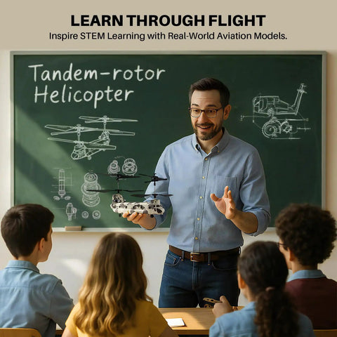 Teacher showcasing Rugged Military Transport RC Helicopter With Altitude Hold And One Key Takeoff Landing to students in class.