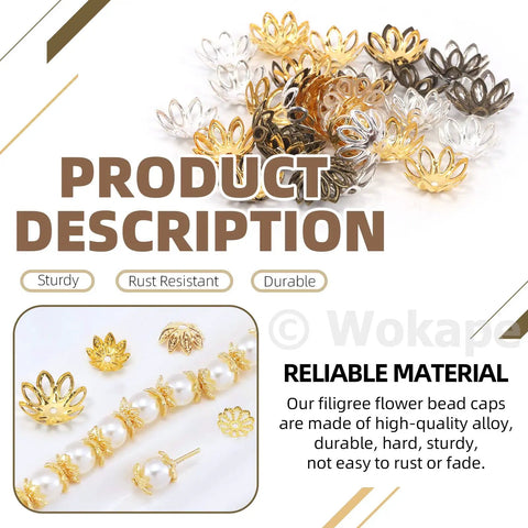 Assorted gold, bronze, silver flower bead caps from 2100Pcs Flower Bead Caps And Spacers Set 4 Sizes Hollow Filigree End Caps For Jewelry Making
