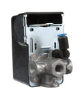Side view of Air Compressor Pressure Switch 125 to 155 PSI Auto On Off Unloader EV WSi 90 Degree One Quarter Inch NPT Four Port Replacement