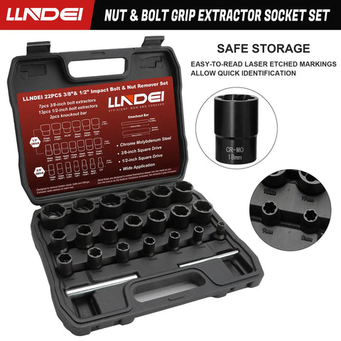 Heavy Duty Lug Nut Remover And Bolt Extractor Set One Half Inch And Three Eighth Inch Drive Tough As Nails For Removing Damaged Bolts Chrome Molybdenum Steel displayed in open case with sockets
