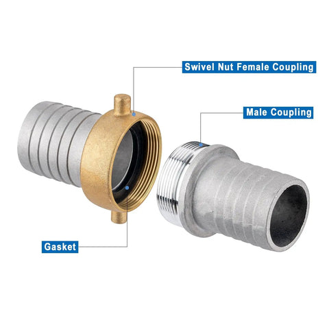 1 Inch Aluminum Pin Lug Fitting Set With Brass Swivel Nut, Female To Male Pipe Thread Connectors, Lightweight And Rustproof, Includes 2 Fittings And 2 Clamps For Rock Solid Hose Or Pipe Connections. shown with gasket and couplings