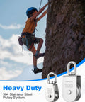 Child rock climbing with stainless steel pulley blocks, emphasizing heavy-duty 304 stainless steel construction for safety.