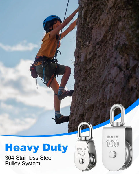 Child rock climbing with stainless steel pulley blocks, emphasizing heavy-duty 304 stainless steel construction for safety.