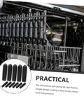 200 Pack Black Plastic Dishwasher Rack Prong Tip Covers Heavy Duty Replacement Caps inside a dishwasher rack.