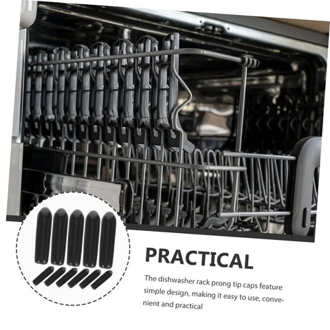 200 Pack Black Plastic Dishwasher Rack Prong Tip Covers Heavy Duty Replacement Caps inside a dishwasher rack.