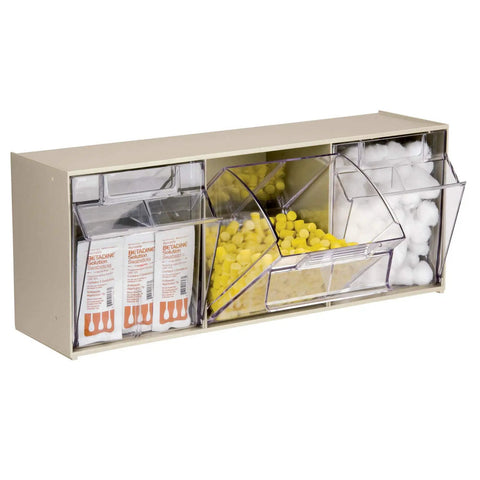 TiltView Plastic Storage Cabinet With 3 Tilt Out Bins, wall-mounted, storing medical supplies and cotton balls