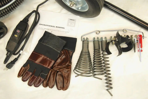 Workhorse 1.5 HP Sectional Pipe Drain Cleaner and Sewer Snake Machine operational manual and tool kit accessories including gloves.