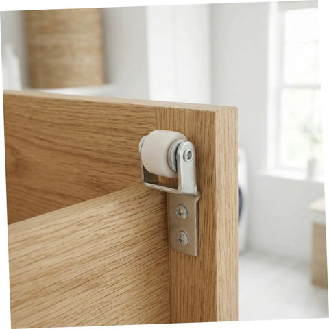 Six Pack Heavy Duty Nylon Sliding Door Rollers With Track Guide Built Tough Galvanized Brackets on oak cabinet edge.