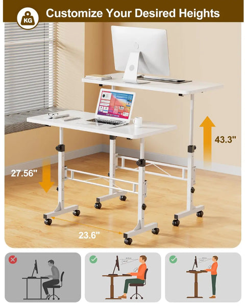 Mobile Standing Desk On Wheels With Height Adjustable Range 31 To 43 Inches, 32 Inch Desktop Surface For Home Office And Conference Rooms