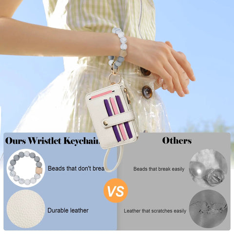 Woman holding Beaded Boho Wristlet Wallet for Women With RFID Blocking Card Holder Convertible Wristlet and Keychain Holds Seven Cards Plus Cash Clear ID Window Coin Pocket Silicone Beaded Tassel Key Ring Creamy Grey in sunny outdoors.