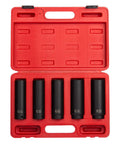 Extra Long Deep Impact Socket Set Half Inch Drive Five Piece SAE One Inch To One And Five Sixteenths Cr-Mo Alloy Steel Heavy Duty Storage Case With Lifetime Warranty in open red case