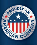Proudly an American Company seal featuring stars and stripes in red, white, and blue colors.