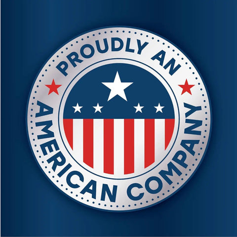 Proudly an American Company badge with stars and stripes in red, white, and blue colors on a blue background.