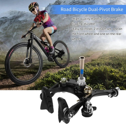 Deadly Smooth Road Bike V Brake Set Featuring Heavy Duty Mechanical Dual Pivot Calipers With Tough Aluminum Alloy Housing For Grip Tight Front And Rear Wheel Control In Sleek Black mounted on a bike, showing the dual-pivot design.