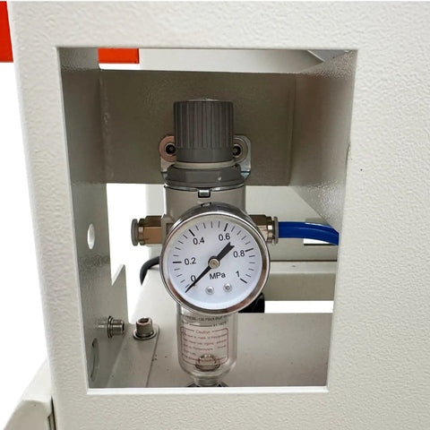 Pressure regulator gauge for No Sweat Cross Shape Full Circle Case Sealer Machine showing measurements and filters.