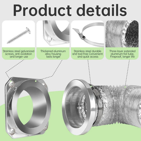 Magnetic Dryer Vent Connector Kit with 4 inch x 3.3ft duct, stainless screws, aluminum housing, and foil tube details.