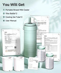 Portable Breast Milk Cooler With Smart Temp Gauge And 20 Oz Leak Proof Travel Bag For Moms And Dads 360 Surround Cooling includes two 10oz bottles and manuals.
