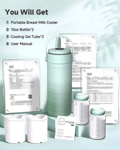 Portable Breast Milk Cooler With Smart Temp Gauge And 20 Oz Leak Proof Travel Bag For Moms And Dads 360 Surround Cooling includes two 10oz bottles and manuals.