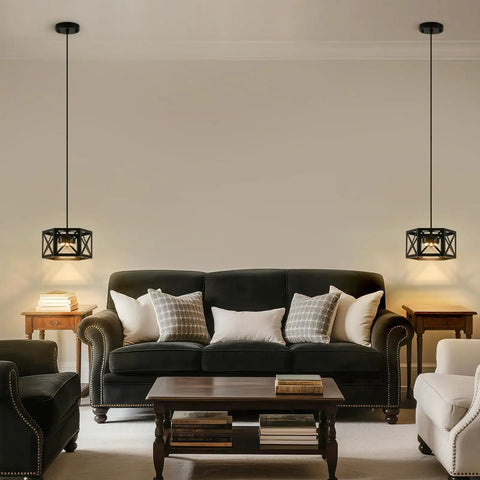 Farmhouse Pendant Light With Wood And Metal Cage in living room with black sofa and side tables, rustic white wood pendant with glass