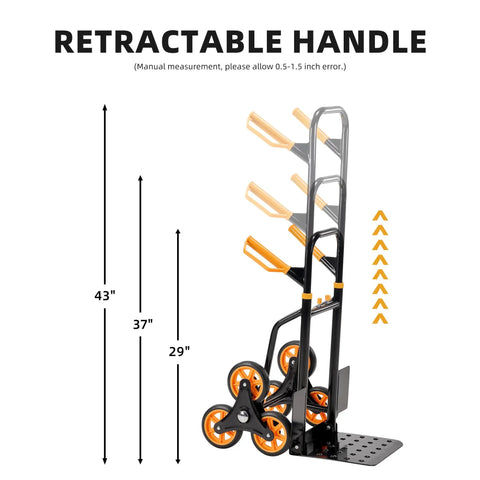 Heavy Duty Stair Climbing Dolly With Rolling Tracks And Swivel Casters Makes Moving Furniture Or Appliances Upstairs A Total Breeze. This Folding Hand Truck Carries Two Hundred Sixty Five Pounds For Rock Solid Balance On Every Step. Retractable handle shown with measurements.