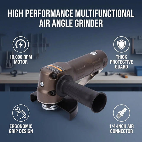 Lightweight Pneumatic Angle Grinder With A 110 Millimeter Wheel Delivering No Sweat Operation And Slick Handling For Fast Metal Grinding And Quick Repairs At 10000 Rpm, featuring ergonomic grip design.
