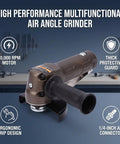 Kickass Pneumatic Air Angle Grinder With A Grippy Handle And Featherweight Design Delivers Smooth 10000 Rpm Power, featuring a protective guard and ergonomic grip.