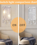Modern Crystal Wall Sconce With Sparkling Crystal Drops Shade For Living Room Hallway And Bedroom Luxe Chrome Finish Premium K9 Crystal Beads Sleek Ambient Lighting For Home Or Hotel Decor illuminated and unlit comparison.