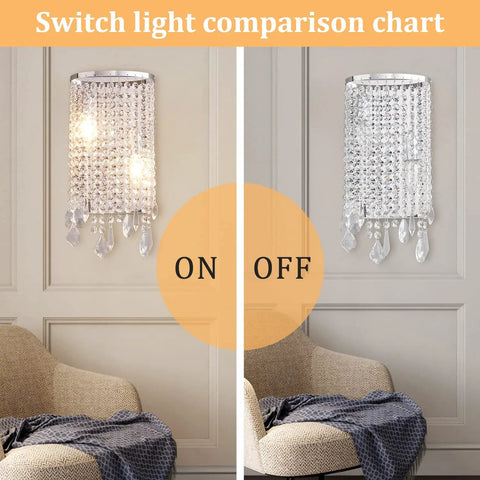Modern Crystal Wall Sconce With Sparkling Crystal Drops Shade For Living Room Hallway And Bedroom Luxe Chrome Finish Premium K9 Crystal Beads Sleek Ambient Lighting For Home Or Hotel Decor illuminated and unlit comparison.