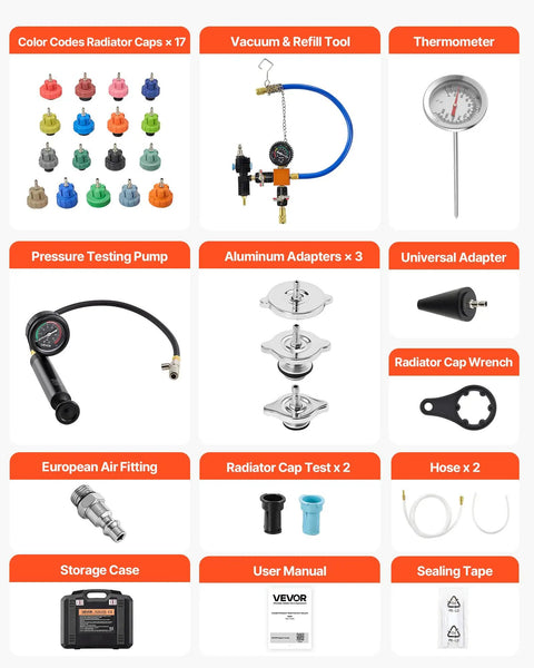 Shop Grade Radiator Coolant Pressure Tester Kit With Vacuum Refill Tool Universal Adapters features 31pc tools including caps and fittings.