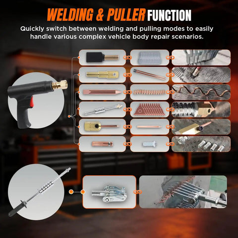 Beefed Up Three Point Five KW Stud Welder Dent Puller With LED Digital Control Panel showing welding and puller functions