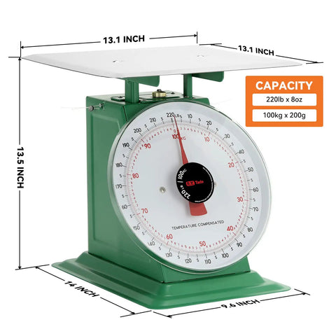 Heavy Duty Mechanical Kitchen And Food Scale With Stainless Steel Platform, Analog Produce Scale For Farmers Market, green base, 220lbs