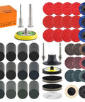 2 Inch Sanding Disc Kit For Die Grinder And Drill With One Eighth Inch And One Quarter Inch Shank Pad Holder Includes 26 Ceramic Nylon Nonwoven Discs And 240 SiC Hook Loop Discs For Metal Wood Auto Polishing And Finishing, displaying full kit with shank pad holders and assorted discs.