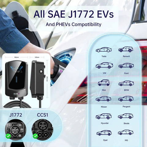 Level 2 EV Charger for Home Use With 14-50 Plug 40A High Current Output WiFi App Enabled shown with compatible car models.