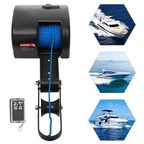 35lb Boat Electric Anchor Winch 12V Saltwater Windlass System With Remote Control 100ft Anchor Rope Heavy Duty Towing Winch For 24ft Boats Built Tough Rust Proof Construction ABS And Stainless Steel, black winch with blue rope and remote