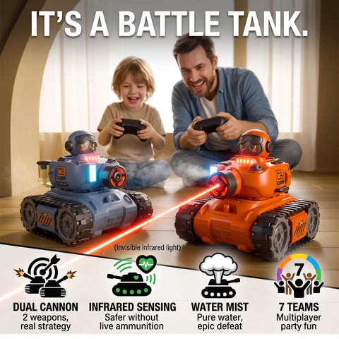 Rad 2 Pack RC Battle Tanks For Kids Aged 3 To 15, 2.4GHz Remote Control in action with smiling father and son playing indoors