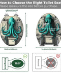 Graphic showing measurements for Elongated Toilet Seat Quick Release Resin for Bathroom, featuring octopus design.
