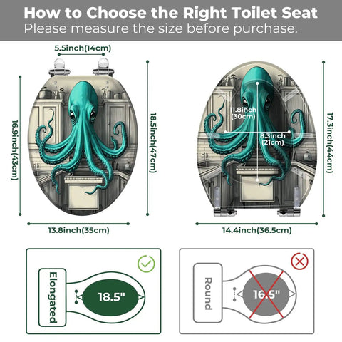 Graphic showing measurements for Elongated Toilet Seat Quick Release Resin for Bathroom, featuring octopus design.