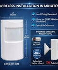 Indoor Wireless Motion Detector With PIR Sensor, Battery Operated, Long Range Infrared Monitoring Detects People Up To 40 Feet, 110 Degree Coverage, No Wiring Needed For Home Or Business Security displayed with dimensions and features