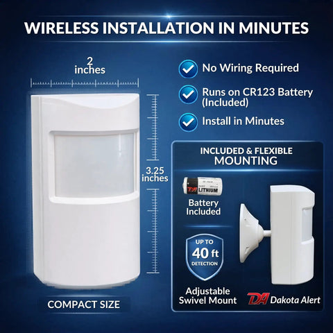Indoor Wireless Motion Detector With PIR Sensor, Battery Operated, Long Range Infrared Monitoring Detects People Up To 40 Feet, 110 Degree Coverage, No Wiring Needed For Home Or Business Security displayed with dimensions and features