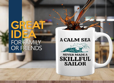 Sailor Coffee Mug 11oz White For Boat Lovers And Captains Funny Sailboat Gift For Boaters And Lake Lovers Perfect Morning Wake Up Cup For The Crew Fun Nautical Gift For Family Friends displayed on wooden table with coffee splashing